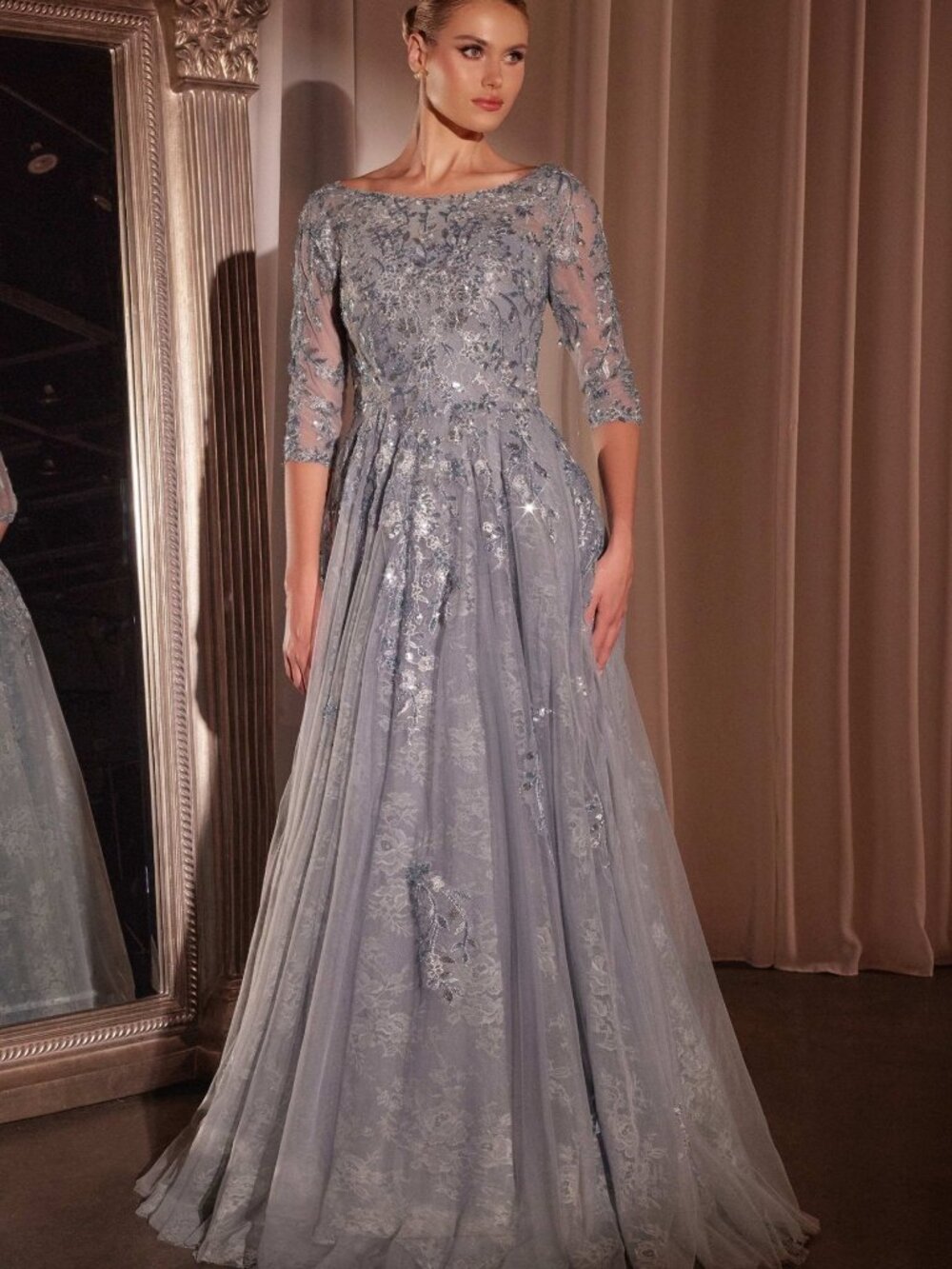 New Evening Long Tulle Ball Dress w/ 3/4 Sleeves & Scoop Neckline CD CK2401